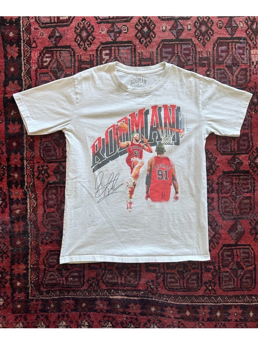 Dennis Rodman Dunk Graphic T Shirt USA Chicago Bulls White Size M